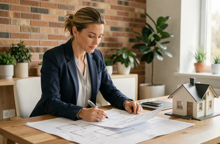 Femme cadre analysant des documents immobiliers dans un bureau moderne, investissement immobilier serein