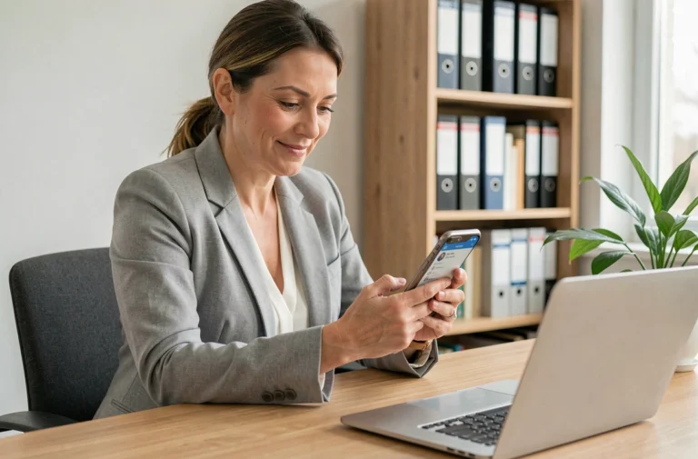 Femme consultant un annuaire téléphonique professionnel sur son smartphone depuis un bureau à domicile