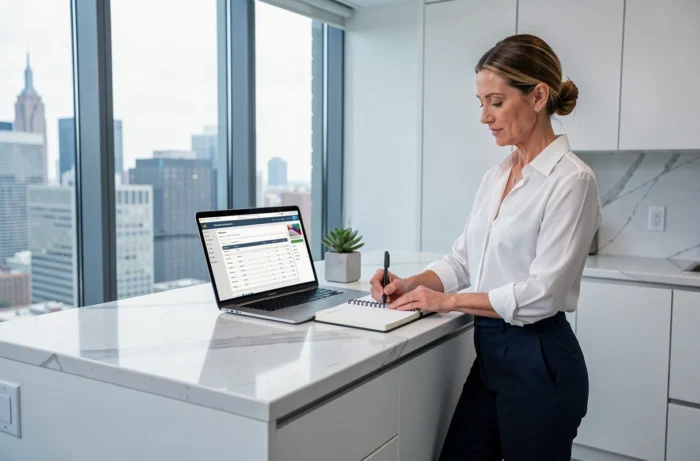 Femme auto-entrepreneuse debout à son bureau improvisé dans un appartement moderne, organisant sa comptabilité freelance dans un carnet et sur ordinateur