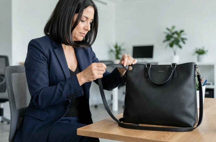 Femme en blazer marine testant la longueur de la bandoulière d'un grand sac à main noir dans un bureau moderne