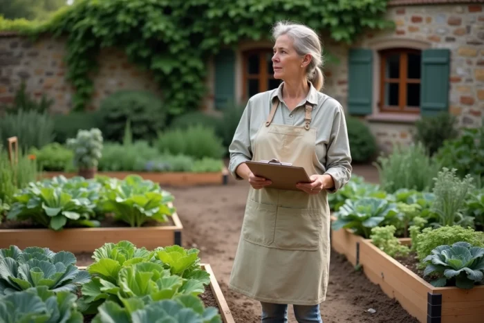 Femme inspectant les carrés potagers divisés en sections pour optimiser la production légumière d'un couple