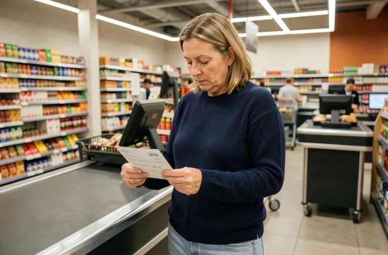 Femme examinant un chèque différé Leclerc à la caisse d'un hypermarché