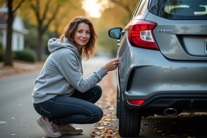 Femme examinant le silencieux arrière de sa voiture dans une rue résidentielle pour diagnostiquer un bruit