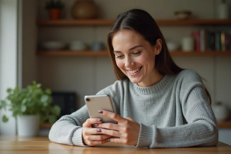 Femme consultant son espace client assurance sur smartphone depuis son domicile
