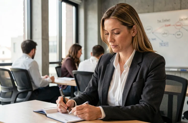 Femme en formation professionnelle prenant des notes dans une salle de réunion moderne, illustrant le développement de carrière