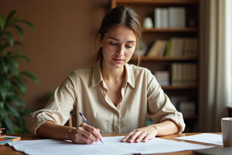 Femme lisant attentivement un contrat de réexpédition de courrier postal à son bureau à domicile