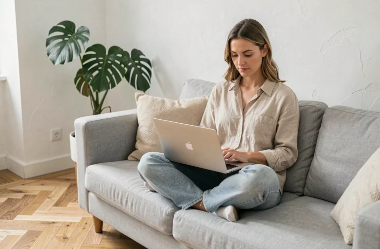 Femme parcourant un site de décoration intérieure sur un ordinateur portable dans un salon scandinave épuré