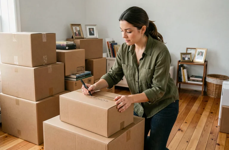 Femme organisant ses cartons de déménagement en étiquetant ses affaires dans un salon partiellement emballé