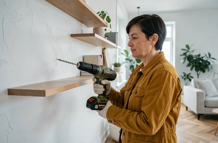 Femme installant des étagères flottantes avec une perceuse connectée dans un intérieur de style scandinave