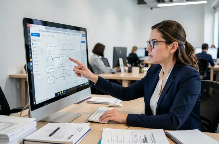 Professionnelle en marketing naviguant sur un plan de site web affiché sur un grand écran d'ordinateur dans un bureau moderne