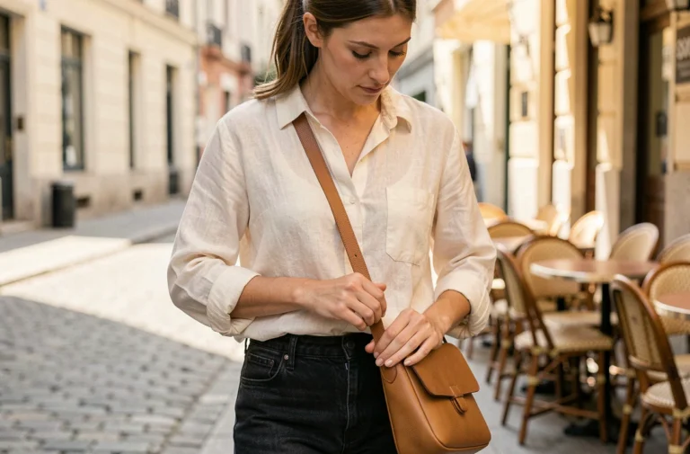 Femme ajustant la longueur de la bandoulière de son sac en cuir beige dans une rue pavée européenne