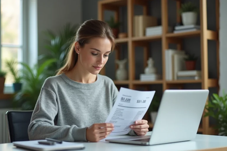 Femme consultant un relevé bancaire à son bureau pour comprendre la mention virement émis Logitel