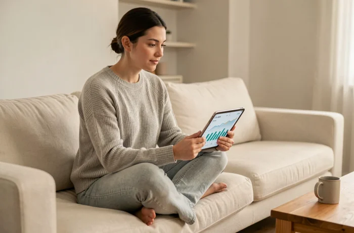 Femme consultant des conseils pour maximiser ses gains en ligne sur une tablette dans un salon moderne