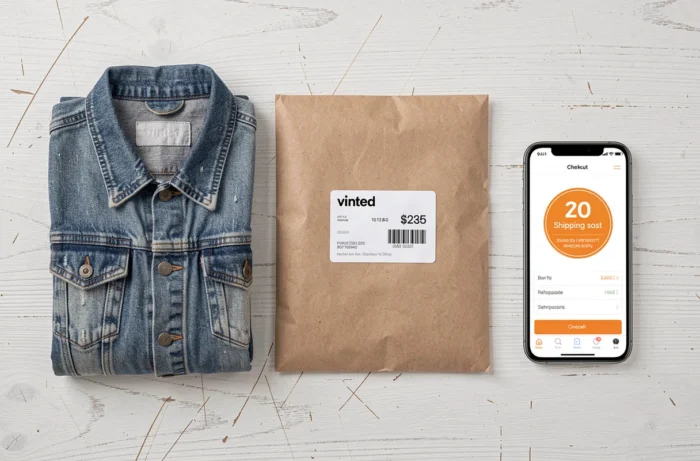 Flat lay d'un colis Vinted prêt à être expédié avec étiquette de livraison gratuite et application mobile