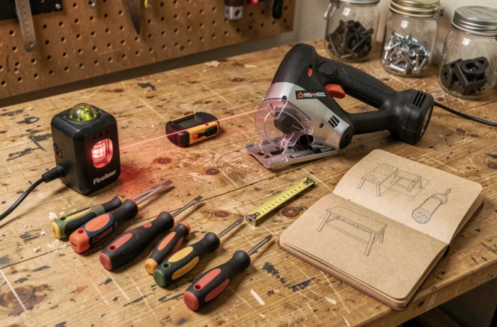 Flat-lay des derniers outils de bricolage tendance incluant un niveau laser, un mètre digital et une scie sauteuse sur un établi en chêne