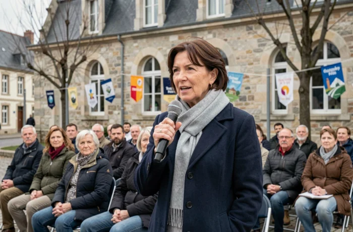 Femme prenant la parole lors d'un forum citoyen en plein air dans un quartier de Rennes en hiver