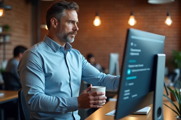 Professionnel gérant des fichiers sur 1fichier en toute sécurité depuis un espace de coworking moderne