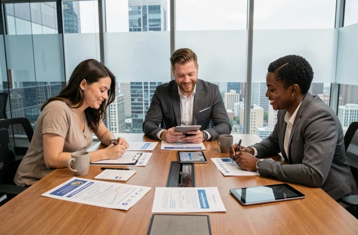 Groupe de professionnels collaborant autour d'une table lors d'une session de formation certifiante en entreprise