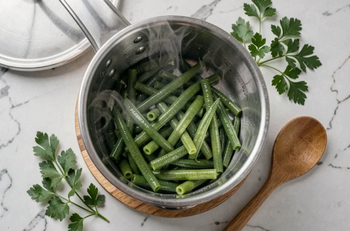 Gros plan sur des haricots verts réchauffés dans une cocotte-minute ouverte vue de dessus