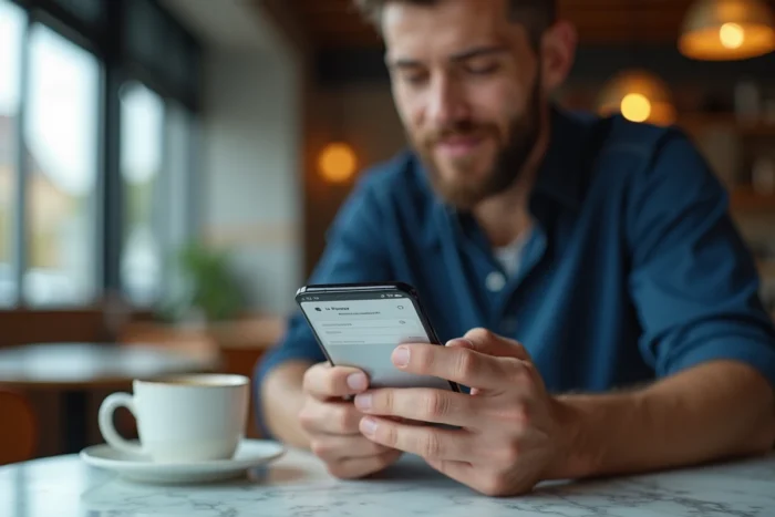 Homme consultant son compte bancaire Crédit Agricole 22 sur smartphone dans un café