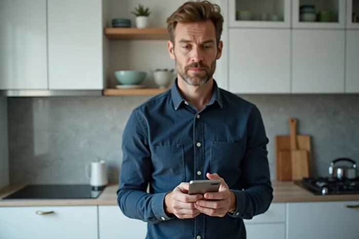 Homme vérifiant une transaction bancaire sur application mobile concernant un virement Logitel