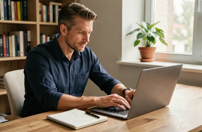 Homme consultant des rubriques de gains en ligne sur un ordinateur portable dans un bureau à domicile moderne