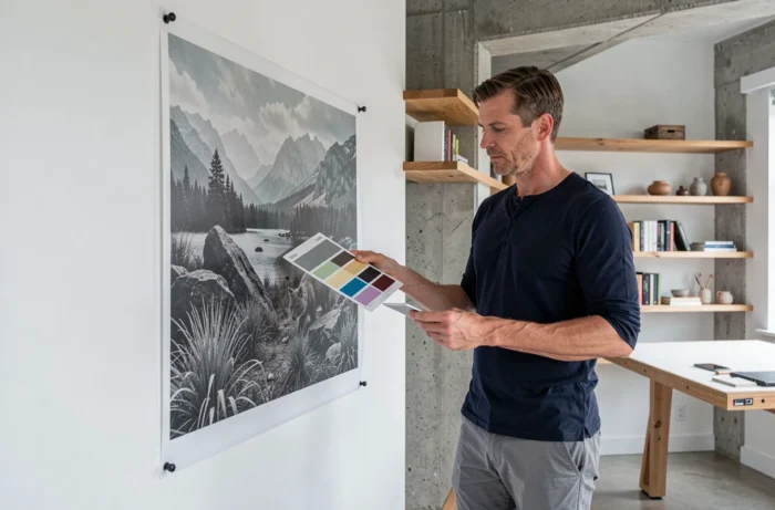 Homme comparant un échantillon de papier peint mural avec une palette de couleurs dans un bureau moderne