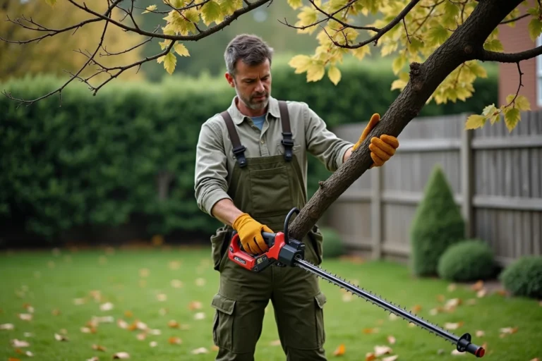 Homme utilisant une élagueuse télescopique sans fil pour tailler une branche de chêne dans un jardin
