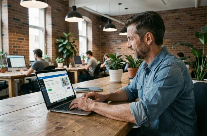 Homme suivant une formation en ligne sur son ordinateur portable dans un espace de coworking, symbole de l'apprentissage professionnel moderne