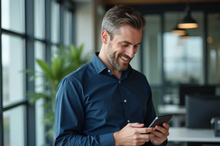 Homme d'affaires accédant à ses garanties d'assurance sur application mobile au bureau