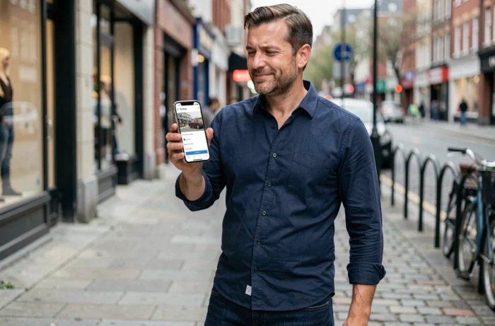 Homme recherchant un professionnel via un annuaire en ligne sur smartphone dans une rue urbaine
