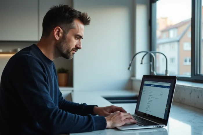 Homme effectuant la résiliation d'un contrat de réexpédition de courrier en ligne sur un ordinateur portable