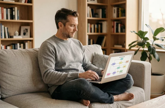 Homme en télétravail consultant le plan de site d'un site de marketing digital sur son ordinateur portable depuis son domicile