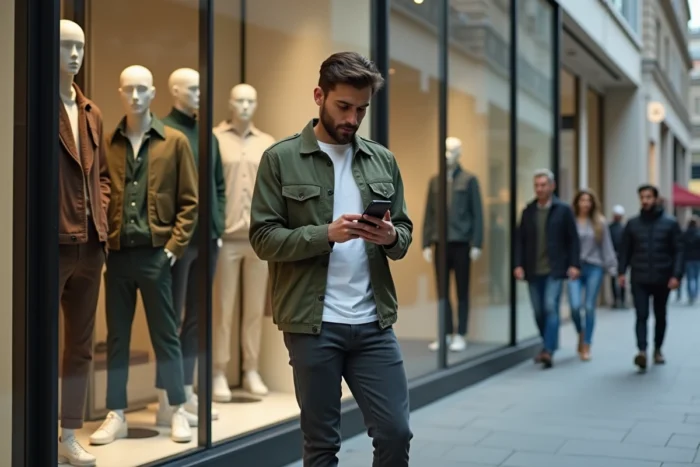 Homme moderne consultant une application mode sur smartphone devant une vitrine de magasin de vêtements pour suivre les tendances actuelles