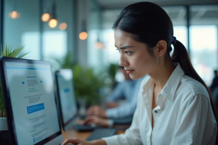 Femme professionnelle identifiant un email de phishing sur son ordinateur portable dans un bureau moderne, source courante d'infection informatique