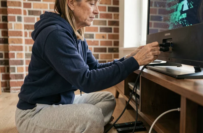 Femme inspectant les câbles HDMI derrière une télévision Samsung pour corriger un écran qui clignote