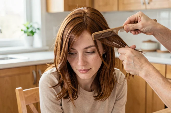 Femme aux cheveux auburn se faisant inspecter les cheveux avec un peigne à dents fines dans une cuisine lumineuse