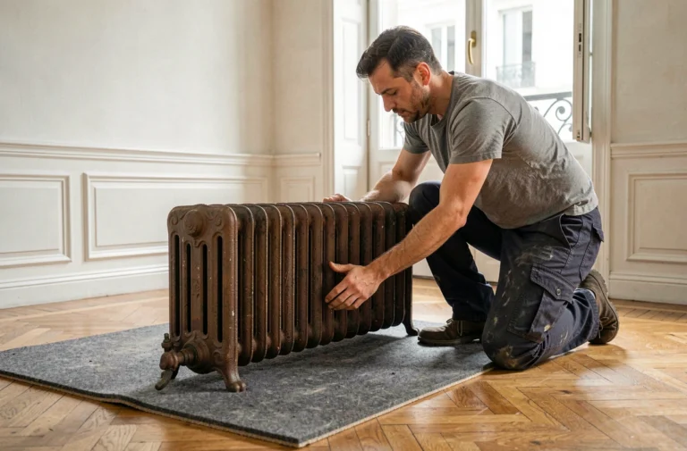 Artisan posant un radiateur en fonte sur un tapis de protection feutre pour préserver un parquet en chêne clair