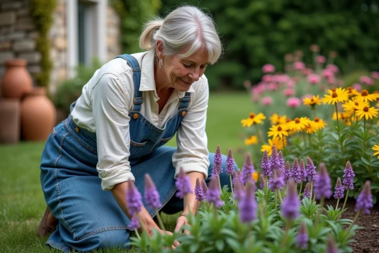 Jardinière expérimentée inspectant ses fleurs vivaces dans un jardin de campagne français avec salvia, rudbeckia et échinacée en pleine floraison
