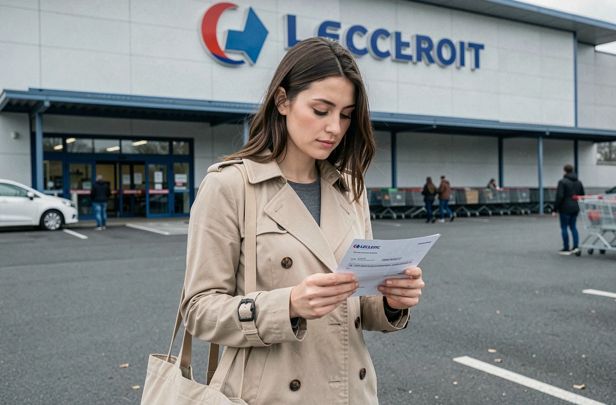 Jeune femme tenant un chèque différé Leclerc devant l'entrée du magasin