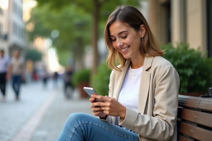 Jeune femme consultant ses garanties Merci Victor sur smartphone en extérieur en ville