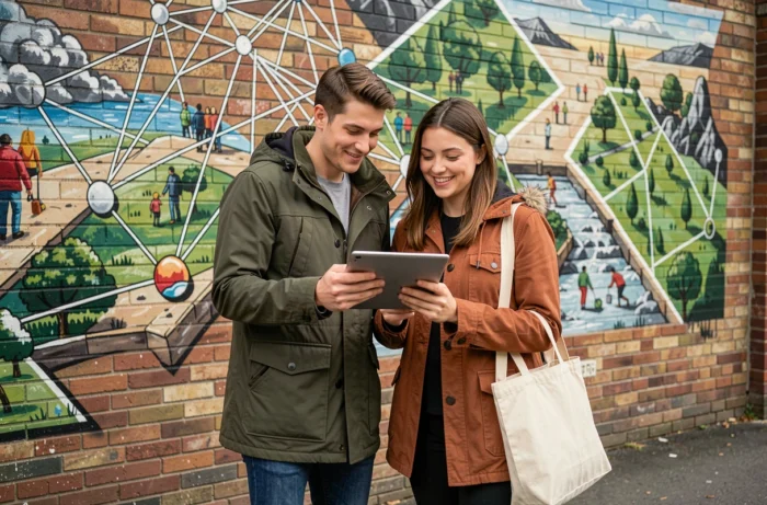 Deux jeunes citoyens consultant une tablette devant une fresque murale participative dans un quartier de Rennes