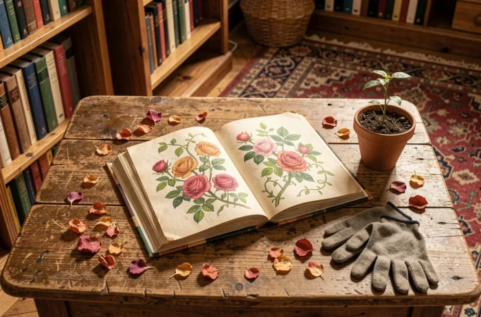 Livre illustré jeunesse ouvert entouré de fleurs séchées et d'accessoires de jardinage, ambiance bibliothèque vintage pour la littérature enfantine classique