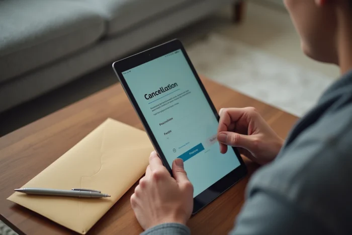 Mains remplissant un formulaire de résiliation de contrat de réexpédition postale sur une tablette numérique