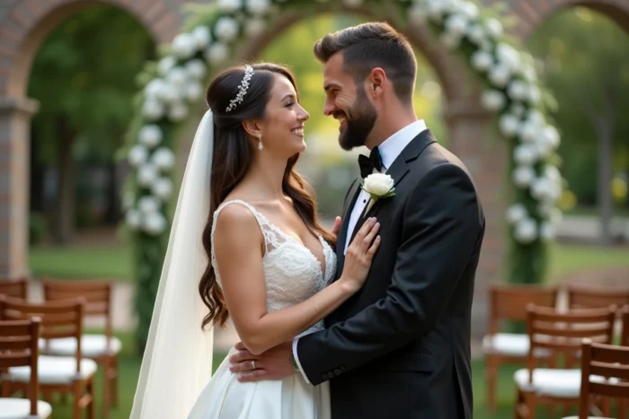 Couple de mariés partageant un moment tendre lors d'une cérémonie de mariage en plein air dans un jardin fleuri