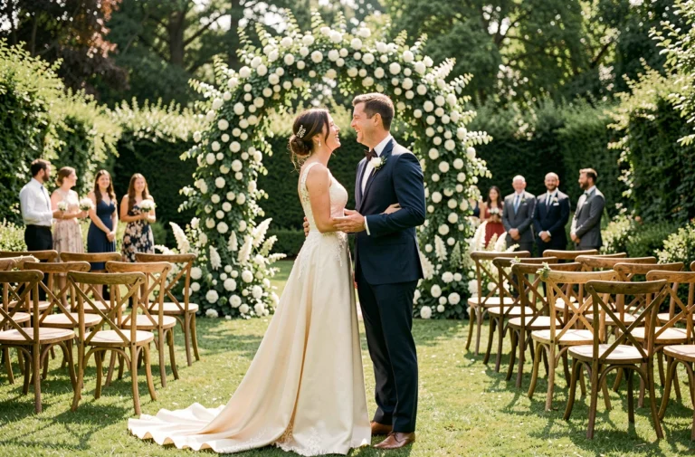 Mariés souriants dans un jardin fleuri lors d'une cérémonie de mariage en plein air