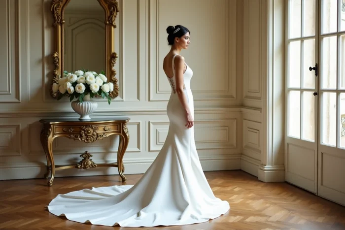 Mariée en robe ivoire élégante près d'une fenêtre arquée dans un château français avec parquet et moulures classiques