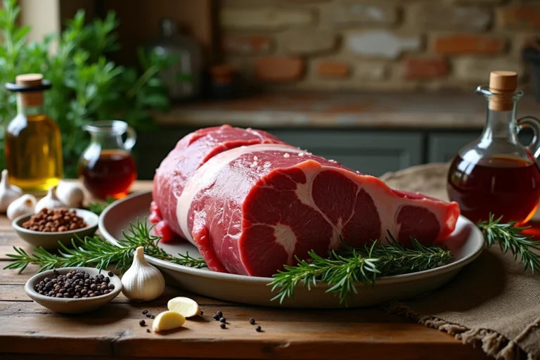 Cuissot de chevreuil cru dans un plat en céramique entouré d'herbes fraîches, d'ail et d'une marinade au vin rouge sur une table en bois rustique