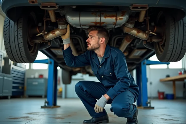 Mécanicien inspectant un pot d'échappement sous une voiture surélevée dans un garage professionnel