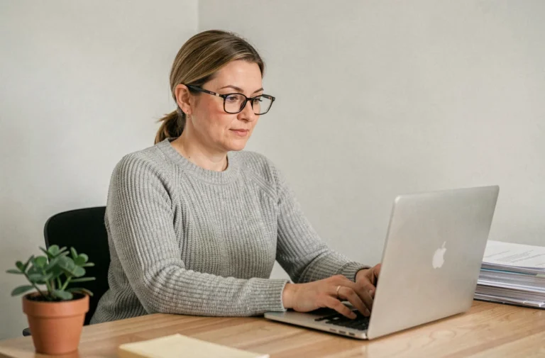Copropriétaire femme mettant à jour ses informations personnelles sur MyFoncia depuis son bureau à domicile